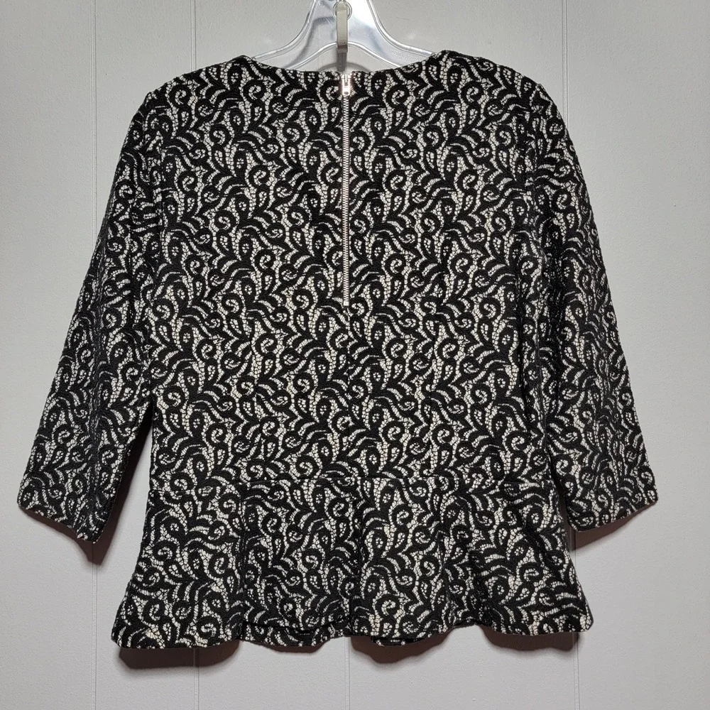 J. Crew Black White Floral Lace Peplum Top 3/4 Sleeve Exposed Zipper 07962 Small - Picture 3 of 5